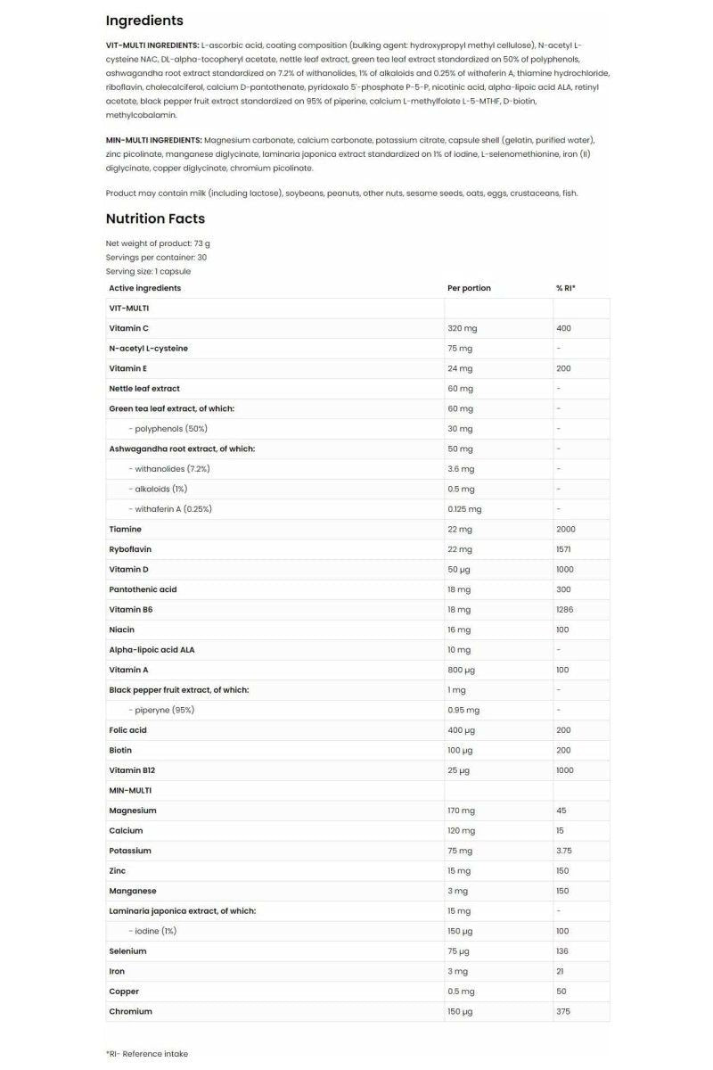 OstroVit VIT&MIN Sport ingredients and nutrition facts table with detailed micronutrient information.