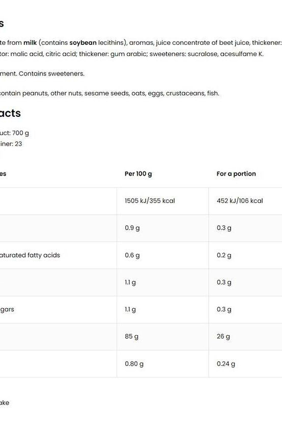 Nutritional facts for OstroVit Whey Protein Isolate, showing per 100g and per portion values.