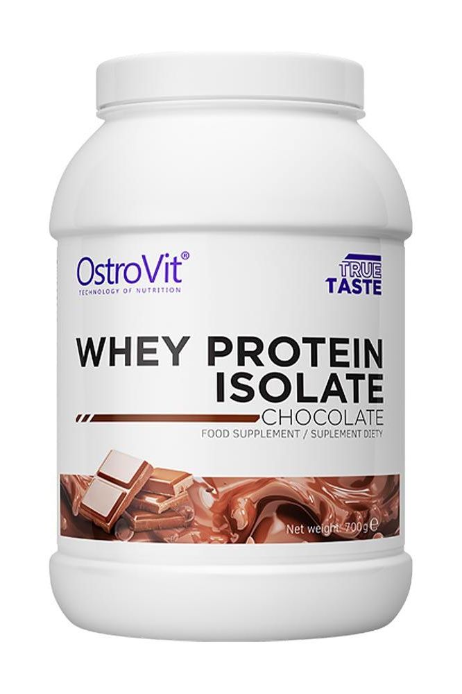 OstroVit Whey Protein Isolate in chocolate flavor, high protein supplement for muscle building and recovery.