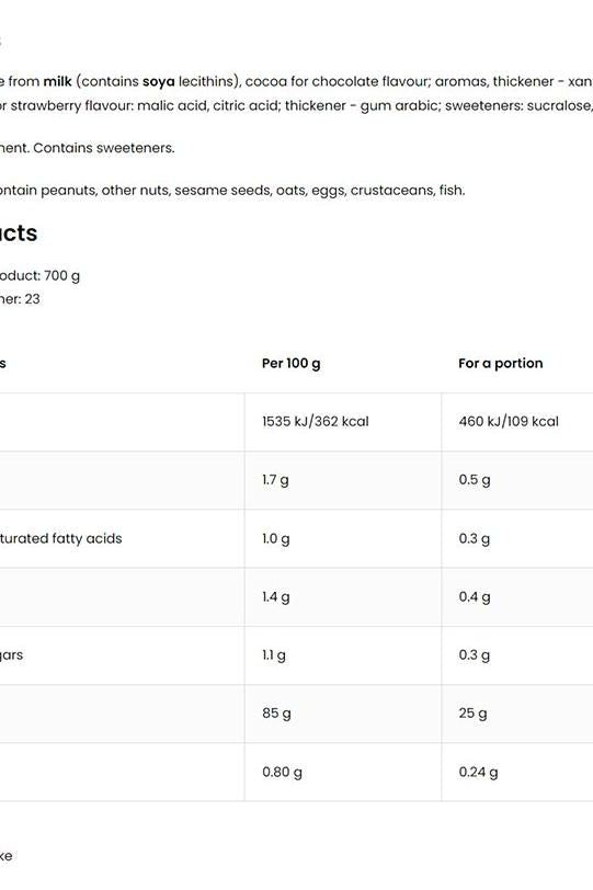 Nutritional information for OstroVit Whey Protein Isolate showing calories, fats, and protein content per serving.