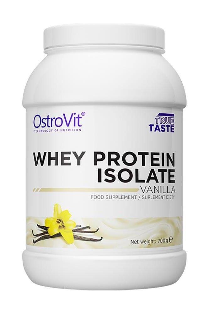 OstroVit Whey Protein Isolate vanilla flavor, 700g container, high protein food supplement for muscle recovery.