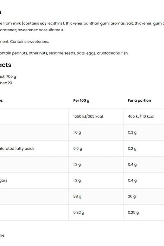 Nutritional information for OstroVit Whey Protein Isolate per 100g and per portion, detailing calories and macro nutrients.