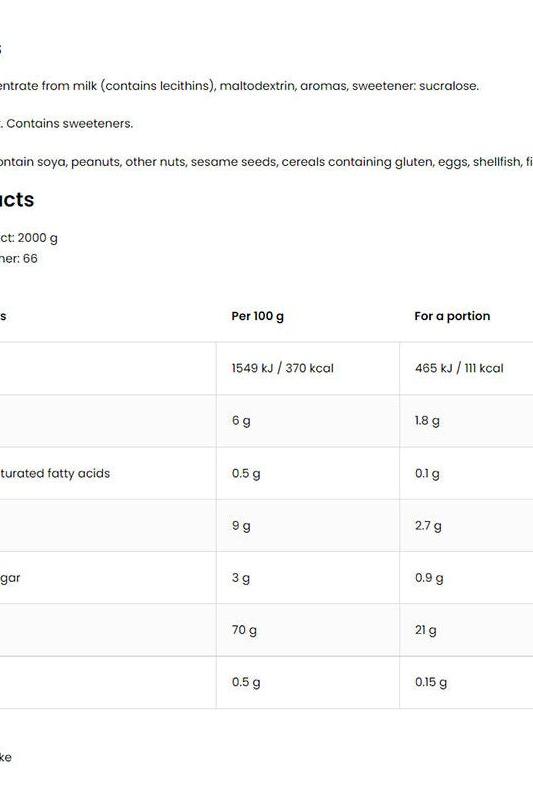 Nutritional information table for OstroVit Whey Protein, detailing ingredients and values per 100g and per portion.