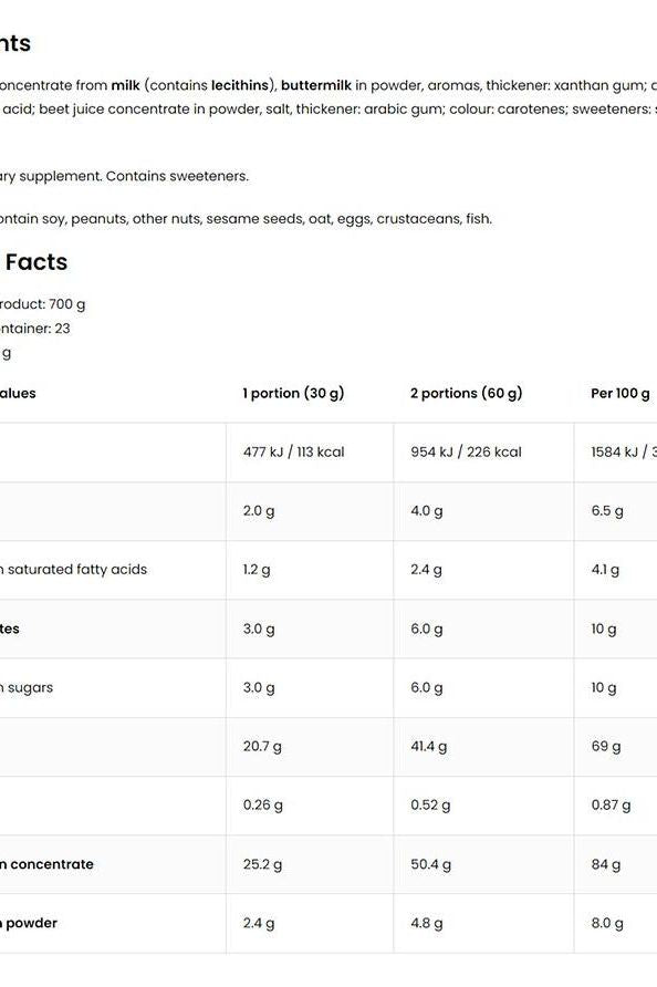 Nutritional facts for OstroVit WHEYlicious protein powder, including ingredients and serving size.