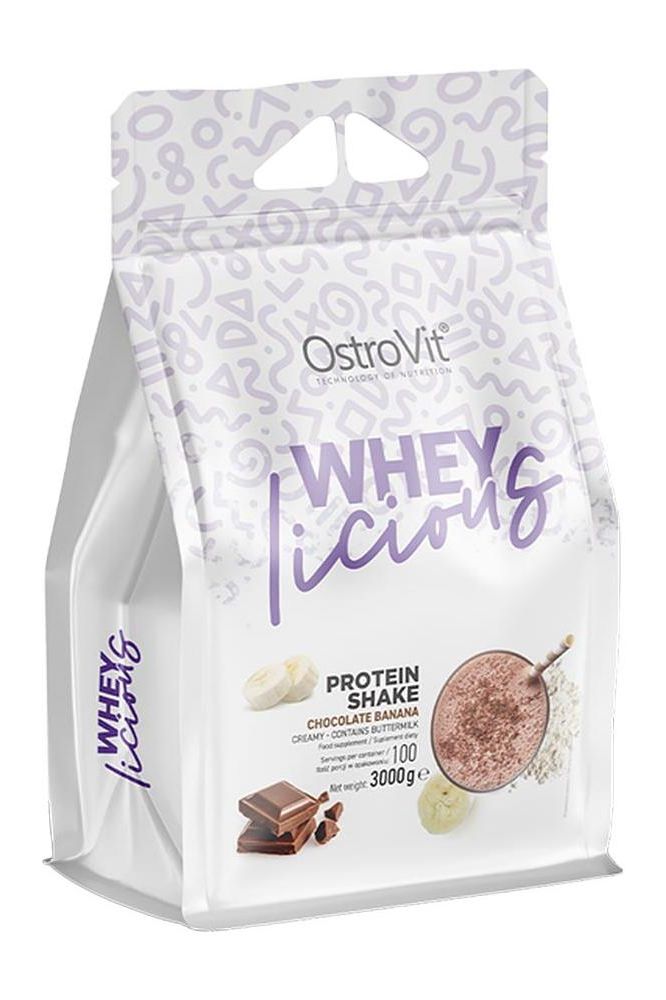 OstroVit WHEYlicious protein shake package in chocolate banana flavor, ideal for active lifestyles.