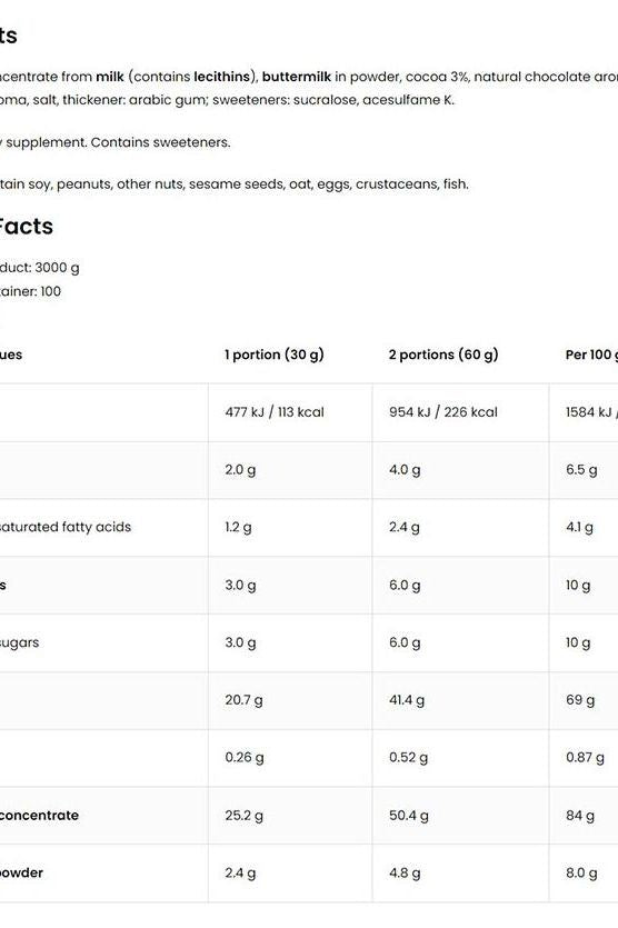 Nutritional information table for OstroVit WHEYlicious protein powder, detailing serving sizes and ingredients.