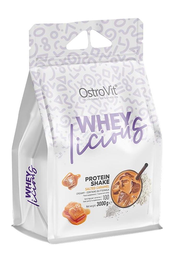 OstroVit WHEYlicious protein shake packaging showcasing flavors and nutritional benefits for athletes.