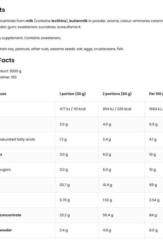 Nutritional facts table for OstroVit WHEYlicious protein powder, highlighting ingredients and serving sizes.