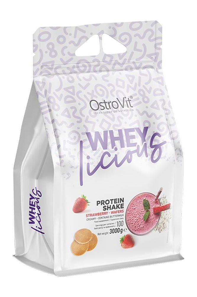 OstroVit WHEYlicious proteinpulver med jordgubbssmak, perfekt för idrottare och aktiv livsstil.