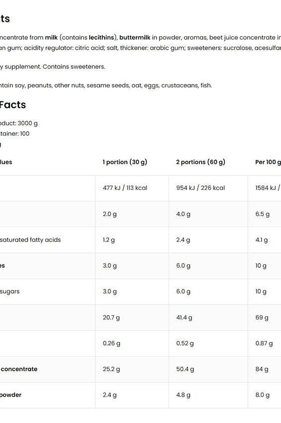 Nutritional information chart for OstroVit WHEYlicious protein powder, including calories and serving size.