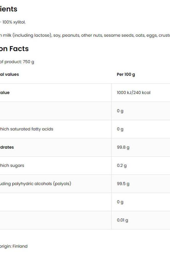 OstroVit Xylitol nutrition facts label detailing ingredients and nutritional values per 100g.