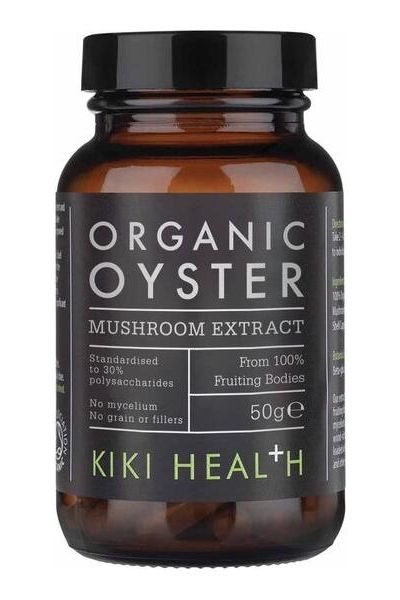 KIKI Health organic oyster mushroom extract in 50g bottle, standardized for 30% polysaccharides, no fillers.