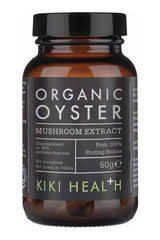 KIKI Health organic oyster mushroom extract in 50g bottle, standardized for 30% polysaccharides, no fillers.
