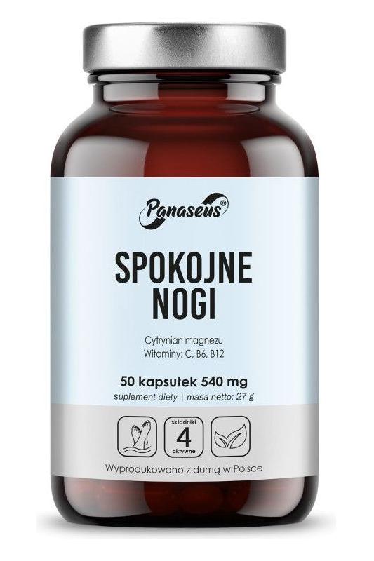 Panaseus Calm Legs supplement bottle with 50 capsules for nerve support, energy boost, and immune strengthening.