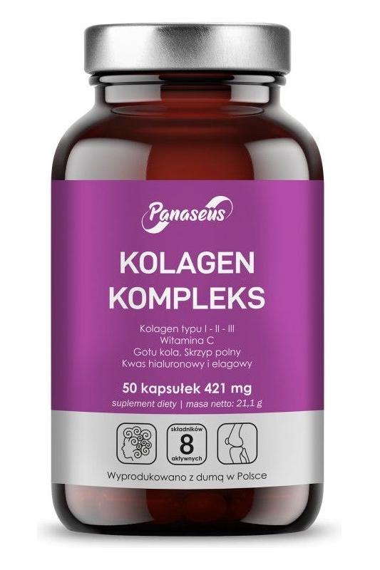 Panaseus Collagen Complex bottle with 50 capsules, promoting skin elasticity and joint health.