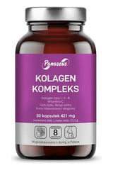 Panaseus Collagen Complex bottle with 50 capsules, promoting skin elasticity and joint health.