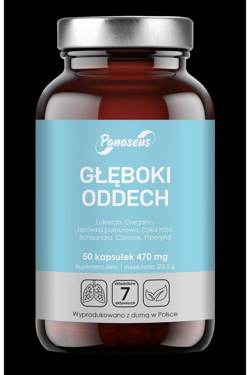Panaseus Deep Breath dietary supplement bottle with 50 capsules for respiratory health support.