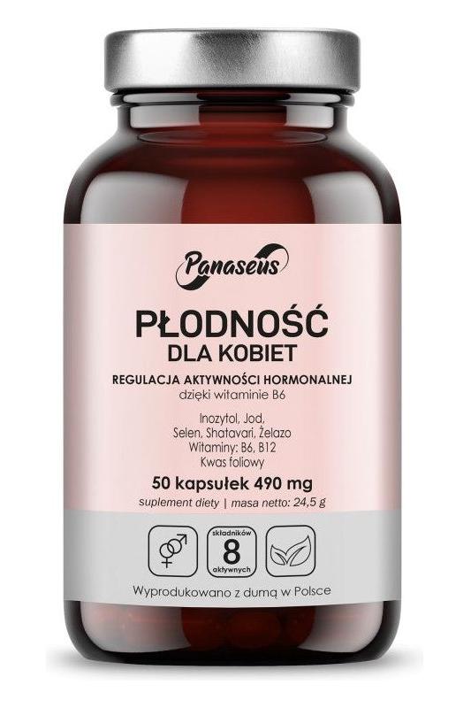 Panaseus Female Fertility supplement bottle with 50 capsules for women's hormonal balance and pregnancy support.