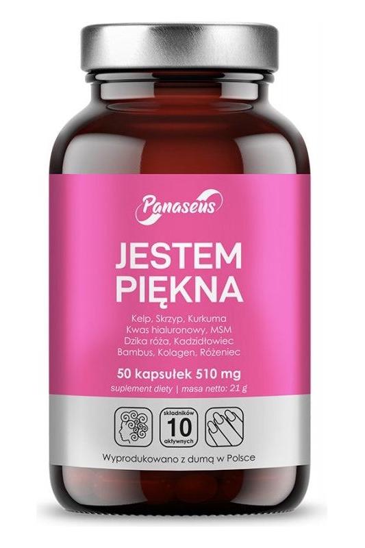 Panaseus I Am Beautiful supplement bottle, 50 capsules, with herbal extracts for health and wellness.