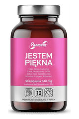 Panaseus I Am Beautiful supplement bottle, 50 capsules, with herbal extracts for health and wellness.