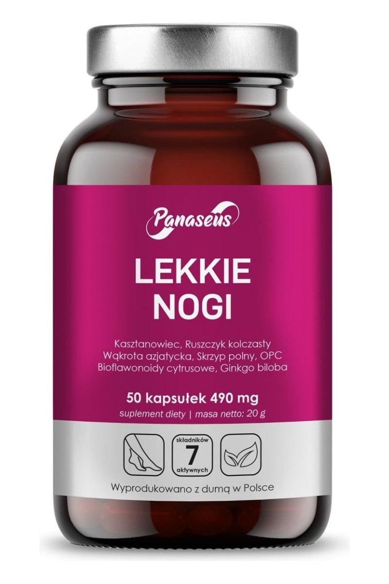 Panaseus Light Legs supplement in a brown bottle, 50 capsules for venous circulation support and reducing leg heaviness.