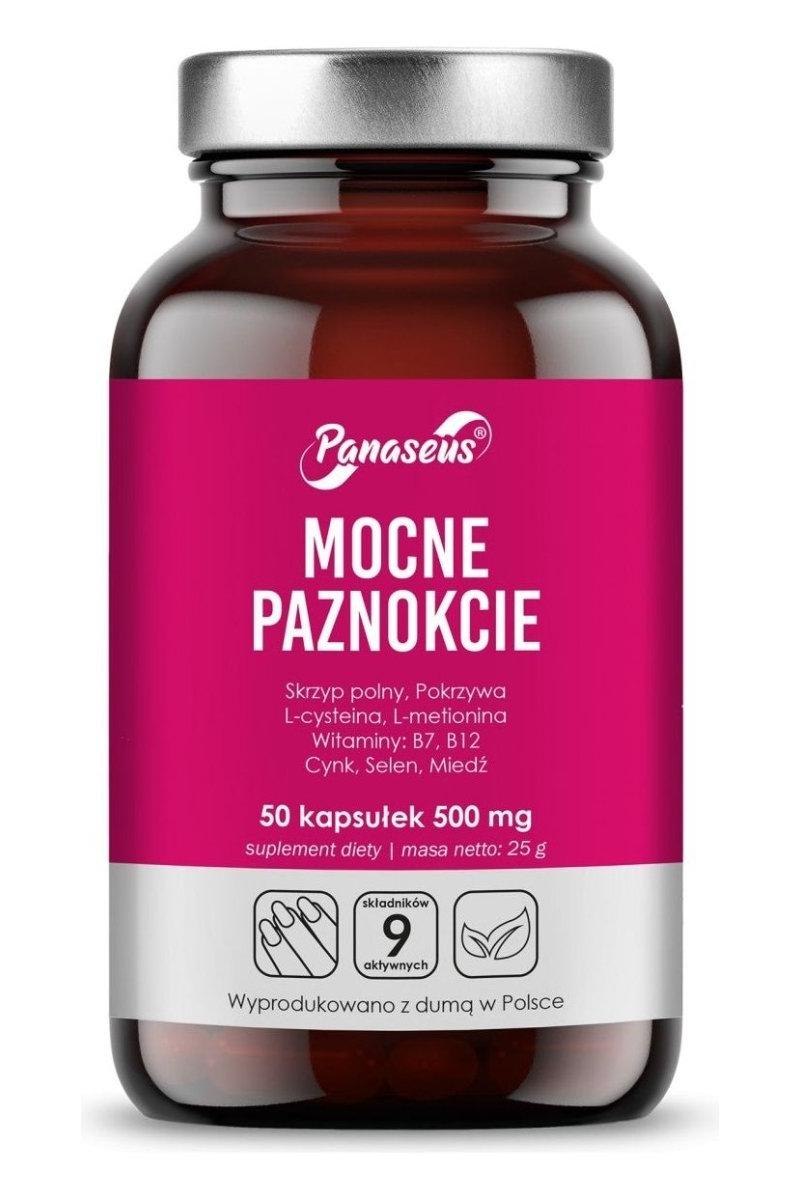 Panaseus Strong Nails supplement bottle with 50 caps for healthier nails and improved nail structure.