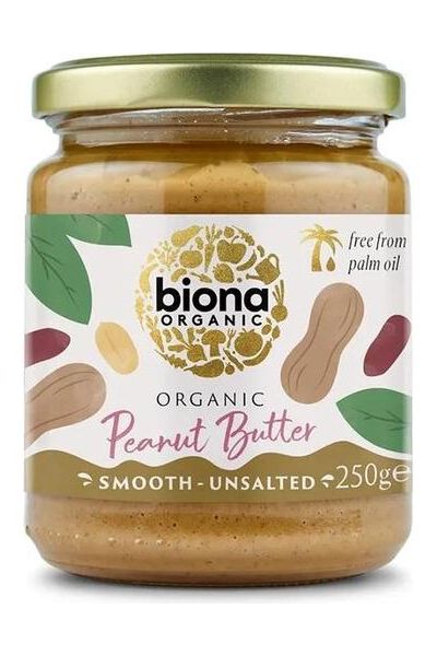 Biona Organic Peanut Butter jar, smooth unsalted, made with natural ingredients, free from palm oil, 250g.
