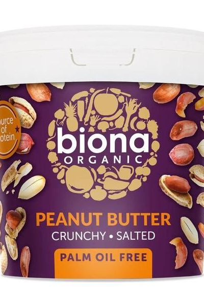 Biona Organic Crunchy Salted Peanut Butter jar, palm oil free, made from fresh roasted peanuts.