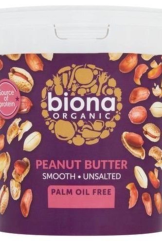 Biona Organic Peanut Butter jar, smooth and unsalted, made with fresh roasted peanuts, palm oil free.