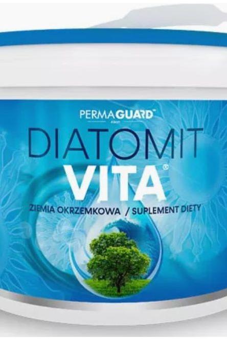 Perma-Guard Diatomit Vita diatomite flour supplement container on a blue background
