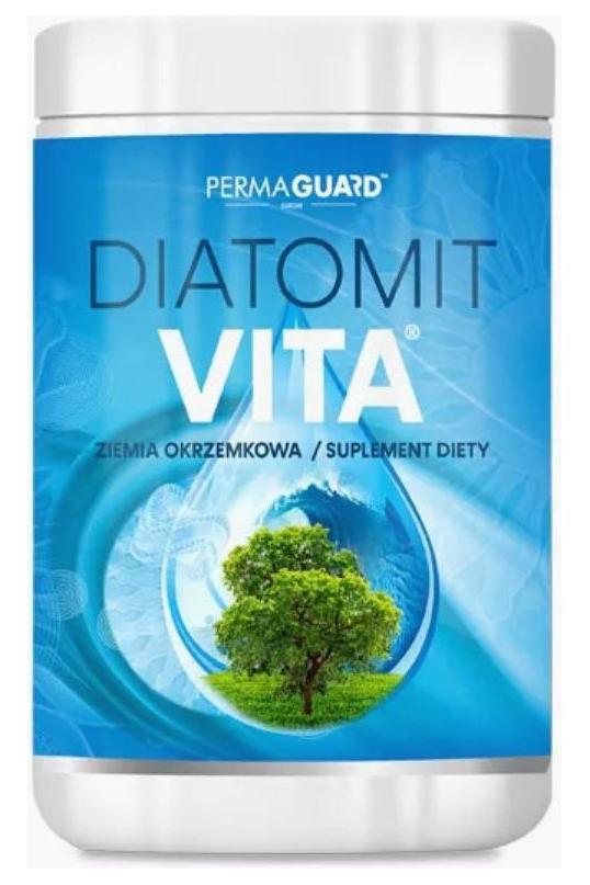 Perma-Guard Diatomit Vita dietary supplement jar, featuring diatomaceous earth packaging design.
