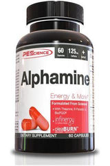 PEScience Alphamine supplement bottle with 60 capsules for enhanced energy and focus.
