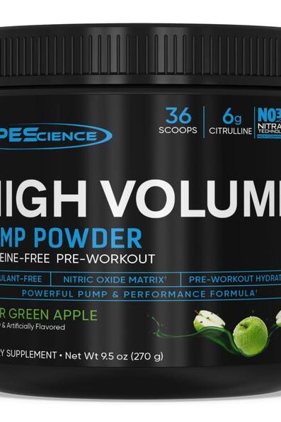 PEScience High Volume pre-workout pump powder in green apple flavor, stimulant-free, 36 scoops.