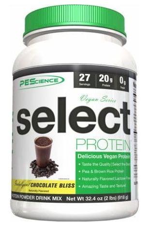 PEScience Select Protein Vegan Series, Chocolate Bliss flavor, plant-based protein powder mix.