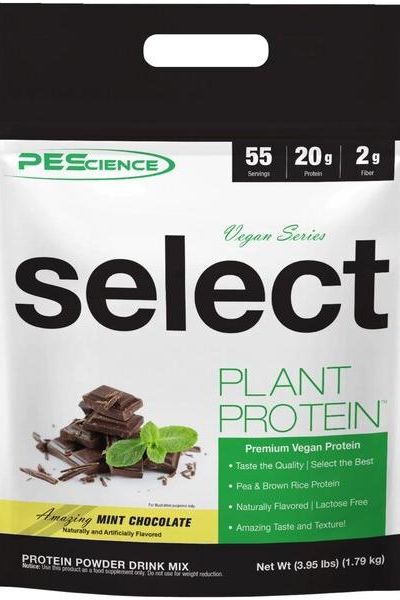 PEScience Select Protein Vegan Series Mint Chocolate flavor protein powder packaging.