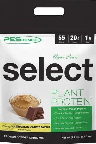 PEScience Select Protein Vegan Series in Amazing Chocolate Peanut Butter flavor, premium plant protein powder.