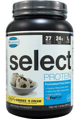 PEScience Select Protein powder in Cookies 'N Cream flavor, featuring premium whey and casein blend, low carb and sugar.
