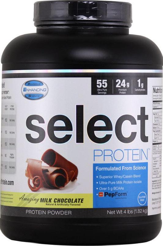 PEScience Select Protein powder in Amazing Milk Chocolate flavor, high-quality whey and casein blend, 24g protein per serving.