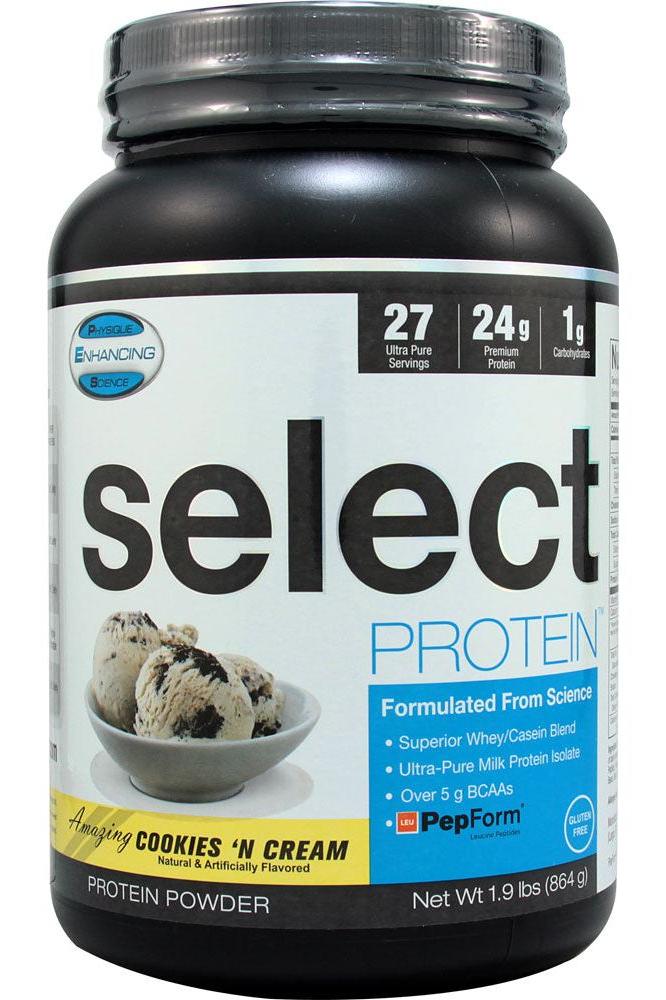 PEScience Select Protein powder in Cookies 'N Cream flavor, featuring high-quality whey and casein blend for muscle support.