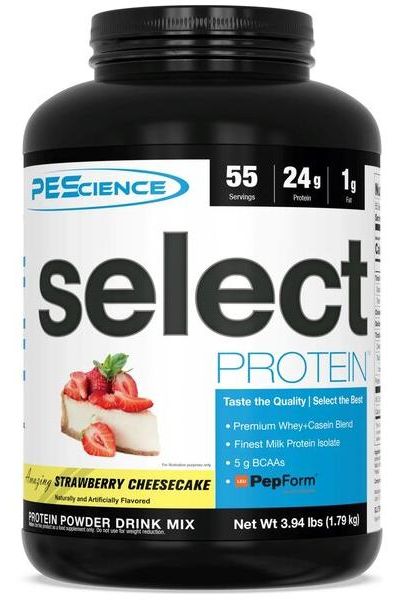 PEScience Select Protein powder in Strawberry Cheesecake flavor, featuring premium whey and casein blend with low carbs.