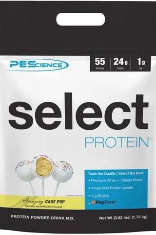 PEScience Select Protein powder package featuring cake pop flavor, showcasing premium whey and casein blend.
