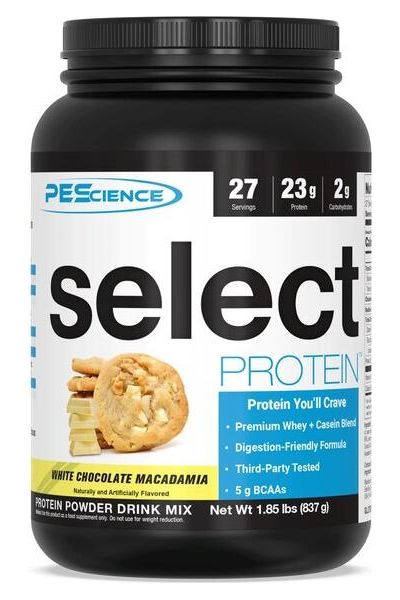 PEScience Select Protein powder in White Chocolate Macadamia flavor, featuring premium whey and casein blend.