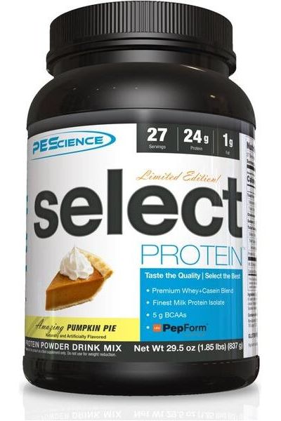 PEScience Select Protein in Pumpkin Pie flavor, featuring premium whey/casein blend, 27 servings, and 24g protein per serving.