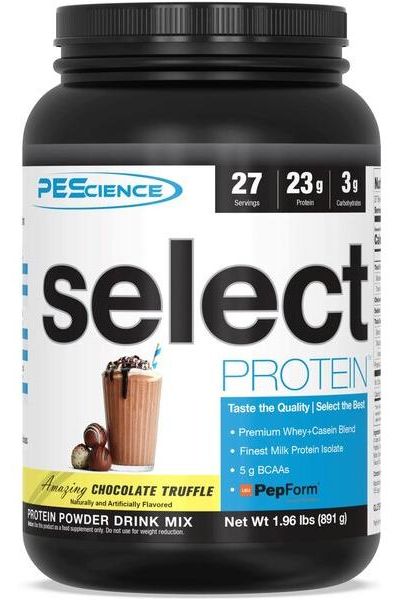 PEScience Select Protein powder in chocolate truffle flavor, high-quality blend of whey and casein, low carb and sugar.