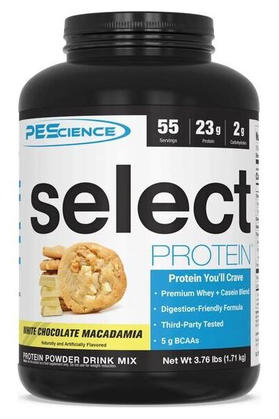 PEScience Select Protein in White Chocolate Macadamia flavor, featuring premium whey and casein protein blend.