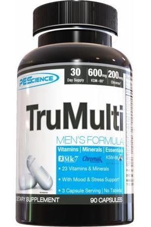 PEScience TruMulti Men's Formula supplement bottle with 90 capsules, featuring essential vitamins and minerals for men's health.