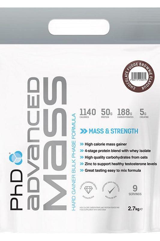 PhD Advanced Mass package featuring high calorie mass gainer with 50g protein and 188g carbohydrates per serving.