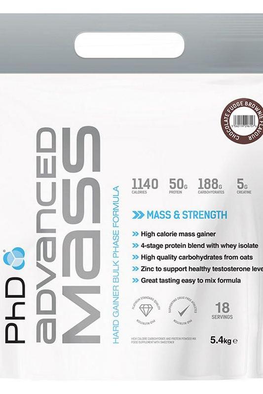 PhD Advanced Mass protein powder bag, 1140 calories, 50g protein, high-calorie gainer for mass and strength.