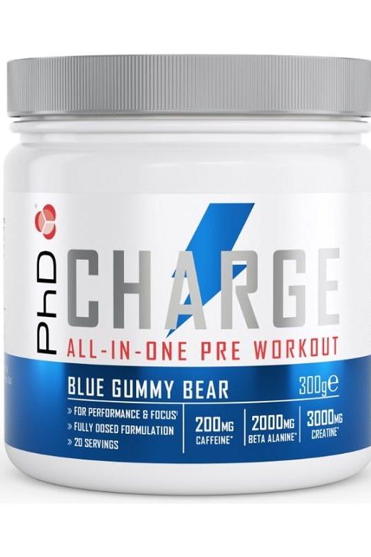 PhD Charge All-In-One Pre-Workout Blue Gummy Bear flavor, 300g, enhances performance and focus with 200mg caffeine.