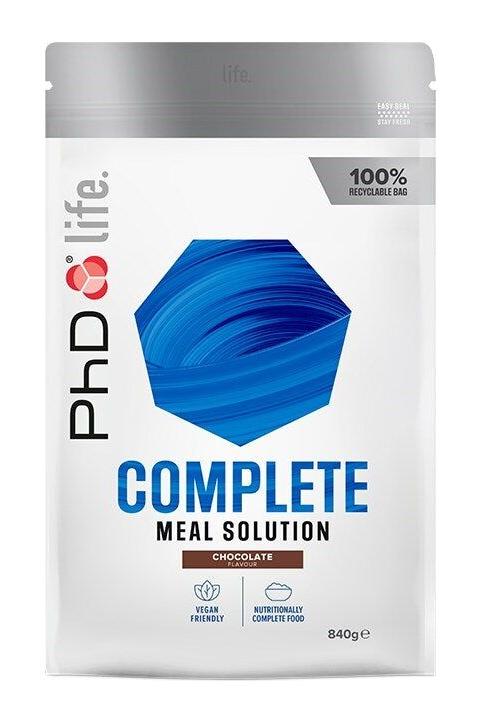 PhD Complete Meal Solution chocolate shake, vegan friendly, 840g recyclable bag, high protein meal replacement.